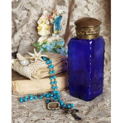 Antik Fransk Parfumeflaske Blåt Glas Messing Låg
