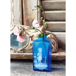 Antik Flaske Vase Håndmalet [Mary Gregory] Blåt Glas