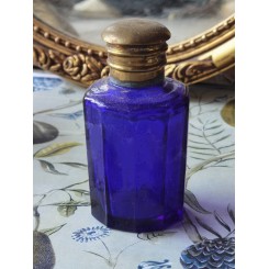 Antik Fransk Parfumeflaske med Messing Låg [8,5cm] Blåt Glas 