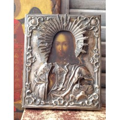 Russisk Ikon JESUS Sølvbeklædning [H18x14,5cm] 1870