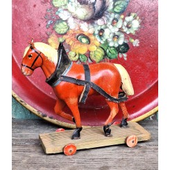 Hest med Træhjul Erzgebirge Trælegetøj [13cm] Antik