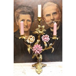 Fransk 3-Armet Kirkestage 3x flotte Porcelænsblomster [39,5cm] 