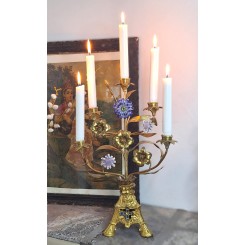 Fransk Kirkestage Porcelænsblomster [H43,5cm] Speciel Fod med Blåt Emalje Kors