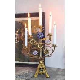 Fransk Kirkestage Porcelænsblomster [H43,5cm] Speciel Fod med Blåt Emalje Kors
