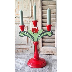 Gammel 3-Armet Lysestage Tulipanstage [H31cm] Malet Træ