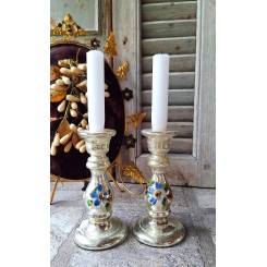 1800-tals Fattigmandsstager med Blå Blomster [H15 cm] PAR