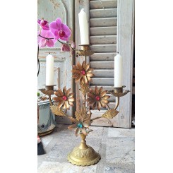 Antik Fransk 3-Armet Kirkestage med Blomster med Glasflusser [H33,5x27cm] 