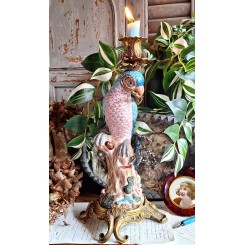 Lysestage Blå Papegøje Ormolu Porcelæn [H36,5cm]  