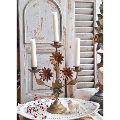 Antik Fransk 3-Armet Kirkestage med Blomster med Glasflusser [H33,5x27cm] 