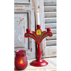 Gammel Svensk 3-Armet Lysestage i Tr&aelig; Tulipanstage [H21,5cm]