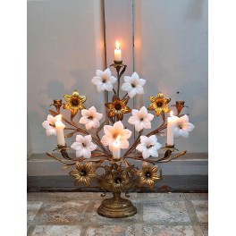 1800-tals Fransk Kirkestage, 6 Lysarme, 15 Blomster [H52x50cm] 
