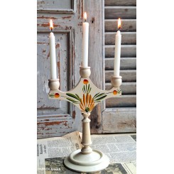 Gammel Svensk 3-Armet Lysestage i Træ Hvid 'Almue' [H21cm]