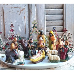 Gl. Fransk Krybbespil 14 Figurer [3,5-13cm] Gips