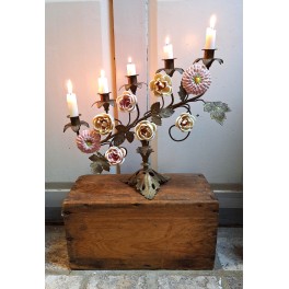 Antik Fransk Kirkestage 5 Lysarme 8 Porcel&aelig;nsblomster [H22/36,5cm] 