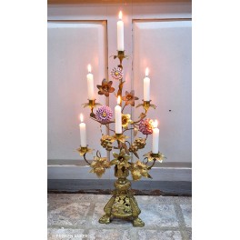 1800-tals Fransk Kirkestage, 6 Lysarme, 7 Blomster 2 Druer mm [H66x35cm] 