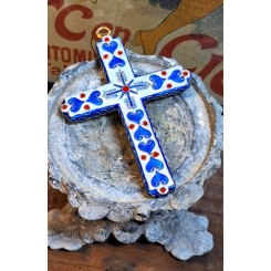 H&aring;ndlavet Kors Cloisonn&eacute; [Hvidt Bl&aring; Hjerter] 