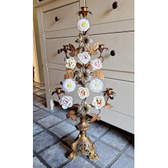 Fransk Kirkestage med 5-Lysarme 12 Blandede Blomster [H77cm] 1800'