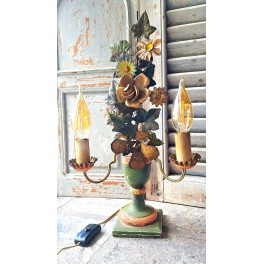 Antik Italiensk Tr&aelig; Vase Bord Lampe med Metal Blomster [L43cm] 
