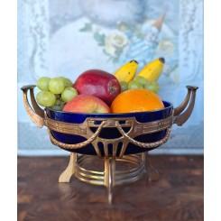 Fransk Antik Centerpiece i Metal & Koboltbl&aring;t Glas (H15x26,5cm)