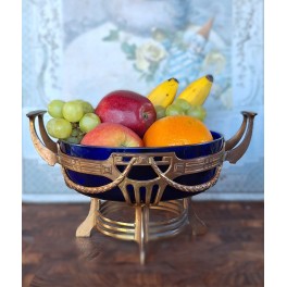 Fransk Antik Centerpiece i Metal & Koboltbl&aring;t Glas (H15x26,5cm)