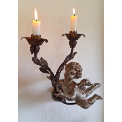 Gammel Fransk ENGEL Lysestage i Malet Tr&aelig; & Metal (H33cm)