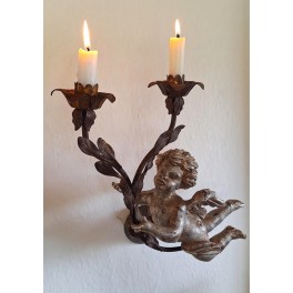 Gammel Fransk ENGEL Lysestage i Malet Tr&aelig; & Metal (H33cm)