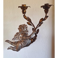 Gammel Fransk ENGEL Lysestage i Tr&aelig; & Metal (H33cm)