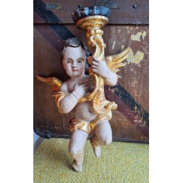 1800-tals Engel med Lysholder H&aring;ndsnittet Tr&aelig; [H45cm] 