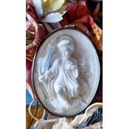1800' Relikvie af forstenet kalksten med Jesusbarnet & Kuppelglas