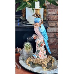 Lysestage Bl&aring; Papeg&oslash;je Ormolu Porcel&aelig;n [H36,5cm]  