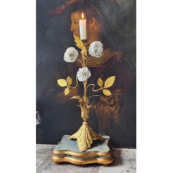 Gammel Fransk Kirkestage Hvide Blomster [H37,5cm] 1 Lysarm