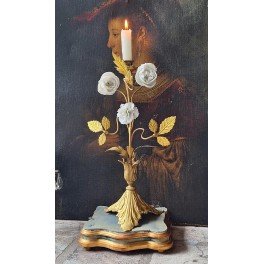 Gammel Fransk Kirkestage Hvide Blomster [H37,5cm] 1 Lysarm