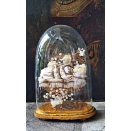 1800' Jesusbarn Voks, i Guld-krybbe [Nonnearbejde] inkl. Glasglobe