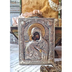 Ikon Madonna S&oslash;lvbekl&aelig;dning Riza '&Oslash;mhedens Madonna' [H23,5x18,5cm] Stemplet