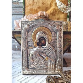 Ikon Madonna S&oslash;lvbekl&aelig;dning Riza '&Oslash;mhedens Madonna' [H23,5x18,5cm] Stemplet