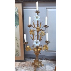 Antik 5-armet Kirkestage JESUS & MARIA [H74cm] Opalblomster