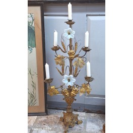 Antik 5-armet Kirkestage JESUS & MARIA [H74cm] Opalblomster