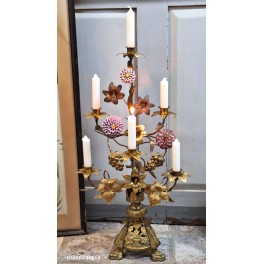 1800-tals Fransk Kirkestage med 6 Lysarme, et mix af Blomster [H66x35cm] H&oslash;ststage 