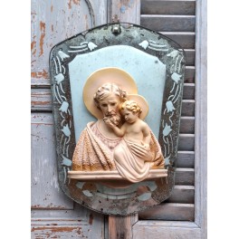 Gammel Italiensk Ikon JOSEF & JESUS [H39x28cm] P&aring; spejl