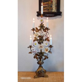Fransk Kirkestage med 5-Lysarme *12 Blandede Blomster [H77cm] 1800-tal