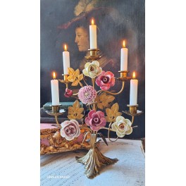 Fransk Kirkestage med 5-Lysarme *6 1/2 Blandede Blomster [H77cm] 1800-tal